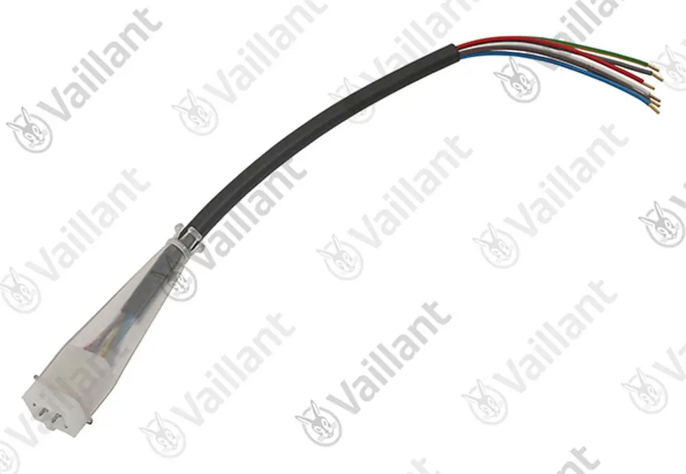 Kabelbaum von Vaillant mit mehreren farbigen Drähten und einem transparenten Stecker, geeignet für verschiedene Modelle.